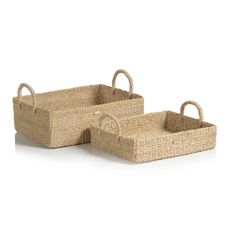 Set of two Island baskets woven in natural Abaca. Rectangular trays with woven handles on each side. Small measures 12" x10"x 3". Large measures 13"x 11" x 4.5".
