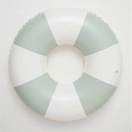 Retro inflatible pool ring in white and seafoam green stripes. Measures 42" x 10" inflated. Not to be used as a life preserver. Max weight 220 lbs. Made by Australian brand, Sunnylife.