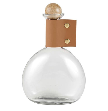 Clear glass carafe with natural leather cuff and wood ball stopper. Holds 750ML.