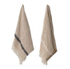 Set of 2 Neutral Kitchen Towels perfect for the modern farmhouse kitchen. Made of soft slub cotton in a herringbone weave. Neutral beige towels have a bold black and white stripe at each end.  Finished with a fringe edge.  28"L  18"W