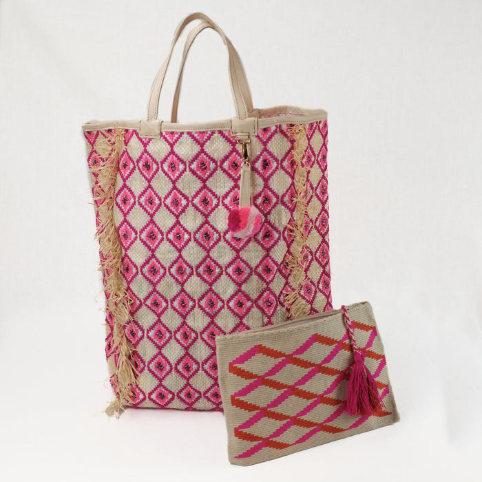 Crocheted clutch in fuchsia and orange, shown with coordinating Bahia Beach Tote-not included in price.