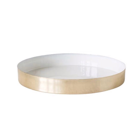 Large round brass tray with glossy cream enamel finish. Measures 16"D. Great for serving or display.