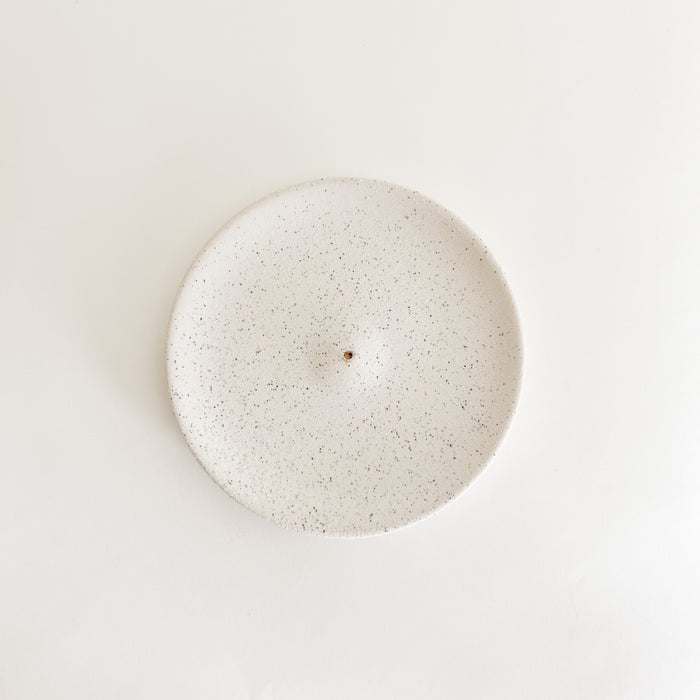 Speckled white (pumice) stoneware incense dish. Earthy and minimal style.  Boho chic jewelry or trinket dish. Measures 4.75" diameter.