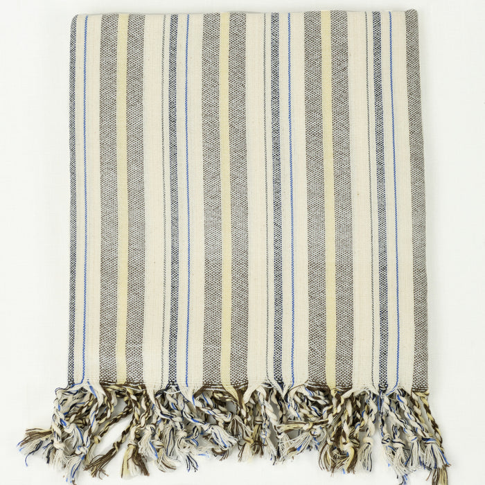 Turkish cotton towel in cream with grey, yellow and blue multistripe