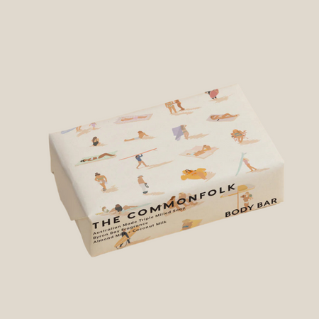 Beach Vibes body bar by Commonfolk Collective, Australia. Triple milled soap bar using a premium blend of coconut oil, sunflower oil, shea butter and natural vitamin E. Wrapped in scenic watercolor beach scene. 200g/ 7.05oz.