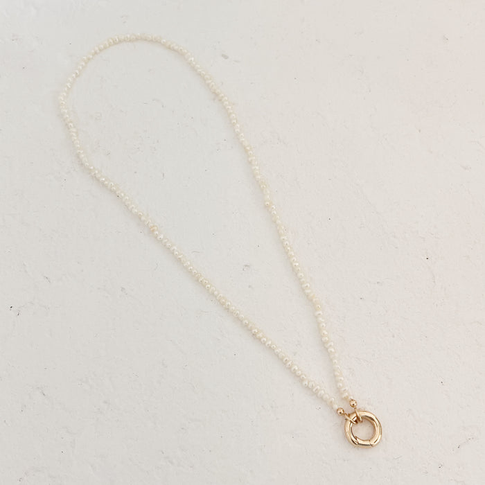 Keishi Pearl charm builder necklace with gold filled carabiner ring clasp. Clasp is designed to hold charms, charms sold separately.
