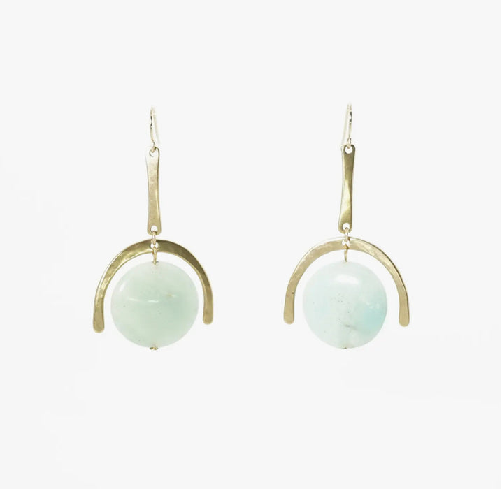 Positano Earrings. Pair of 14k gold filled drop earrings with a hand cast brass arch enveloping a disc of pale aqua Amazonite. Measures 2" drop length, 1 1/8" width.
