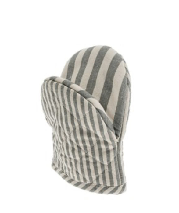 Harbor stripe oven mitt in coal. Classic white and coal grey bengal stripe woven in recycled cotton. Quilted with heat resistant filling. Measures 8"l x 5.5"w.