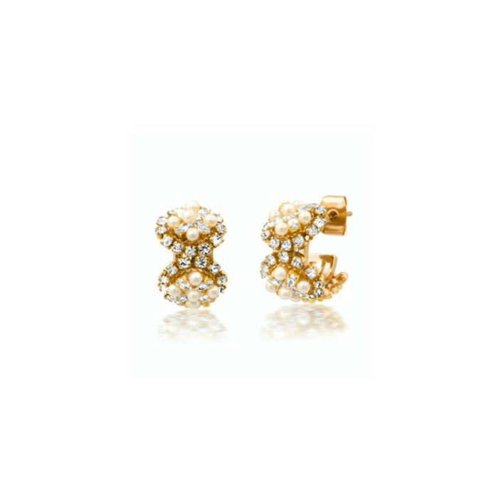 Heiress Huggie Earrings. Pearl and CZ encrusted huggie earrings with brass post. 3/8" width 5/8'" diameter.