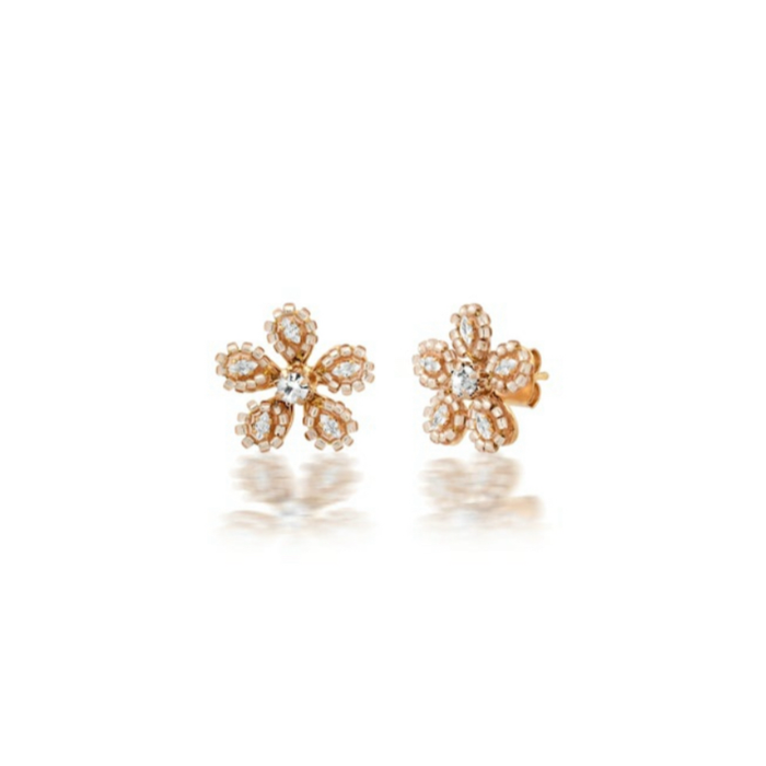 Flora sparkle earrings. CZ encrusted daisy shaped earrings with gold filled setting. Measures 5/8" across.