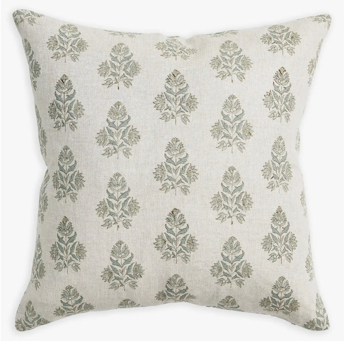 Ankara Oak linen pillow by Walter G. Natural linen block printed in a floral motif with shades of celadon and ochre. 20" square, 100% linen cover printed on both sides with down insert.