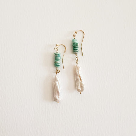 Playa Earrings. Gold filled wire with a stack of delicate pale aqua Amazonite beads with a white Keishi pearl drop. Measures 1.5" length.  Hand crafted in the U.S.A.