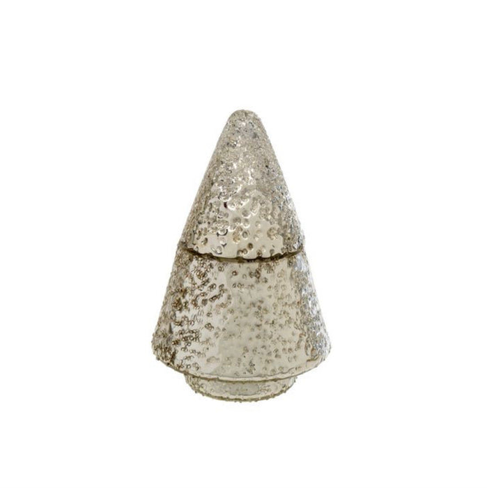 Medium shimmer tree candle. Silver glass tree with removable lid holds a white candle with the festive fragrance of amber + spruce. Medium tree is 4.5" diameter 7" tall.