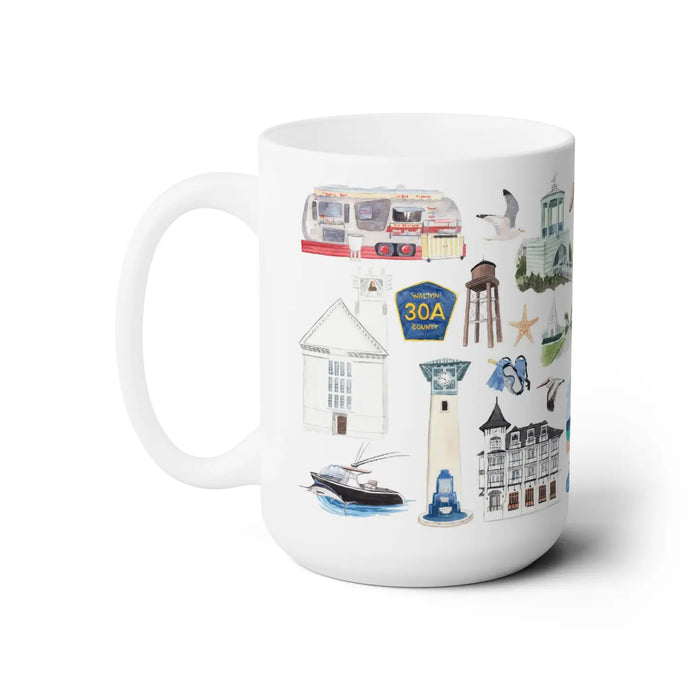 White mug with watercolor illustrations of coastal 30A icons. 15 oz. ceramic mug.