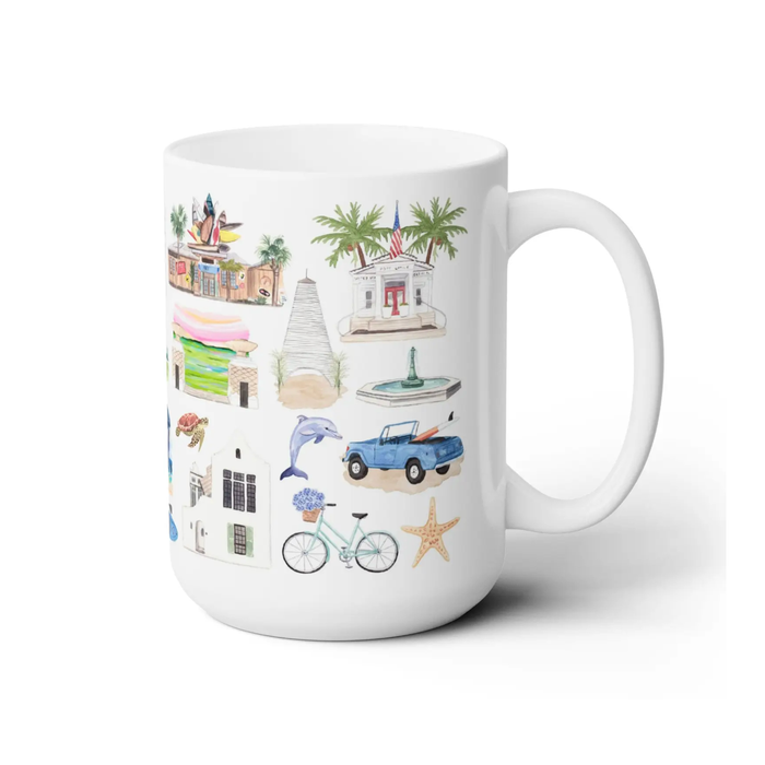 White mug with watercolor illustrations of coastal 30A icons. 15 oz. ceramic mug.