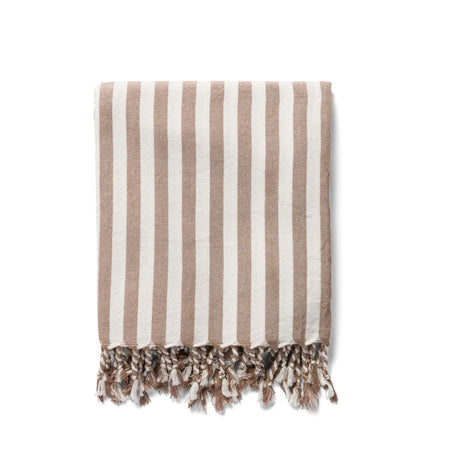 Bondi stripe towel. Bold bengal stripe in off white and clay with hand twisted fringe ends. Made of natural Turkish cotton. Use for pool, beach or bath. Free of chemicals and synthetic dyes. Measures 76" x 40".