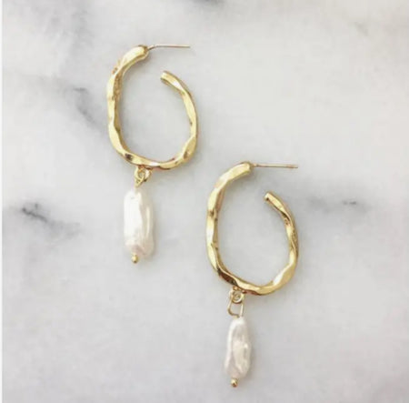 Pair of Siren pearl hoop earrings. Gold plated open end hoops with a Keishi pearl drop. 2" drop length, .75" hoop diameter.