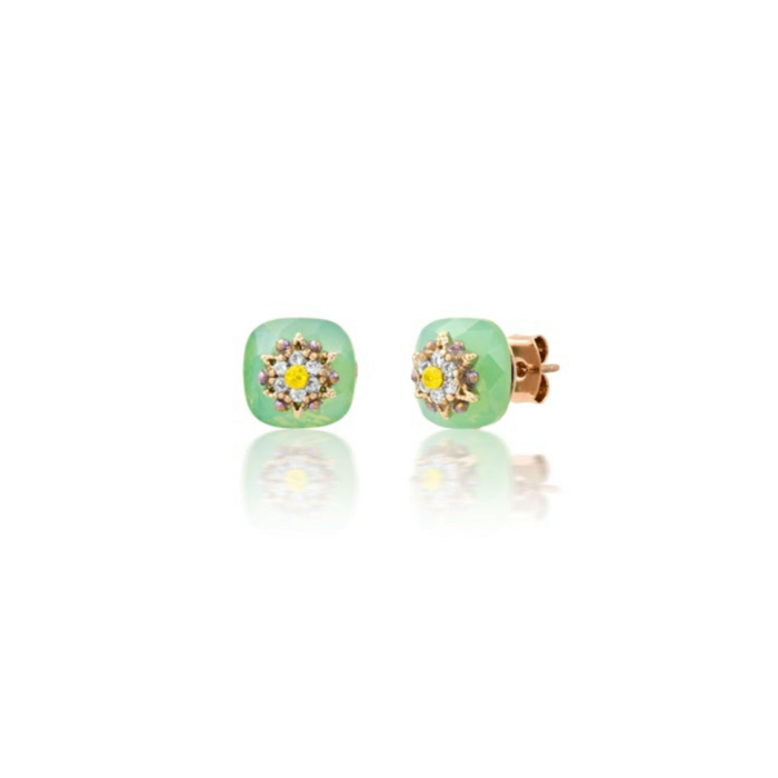 Caroline Gemstone earrings in Sky. A pale aquamarine bezel cut stone topped with a delicate gold filagree star centered with a blossom in tiny CZ crystals. Stud earrings with brass post. Dimensions 3/8" diameter.