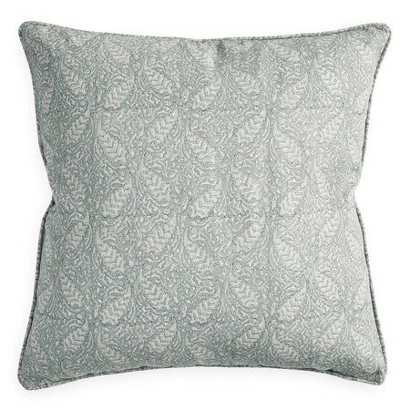 Anatolia Pillow, by Walter G. 100% linen cover hand block printed in a soft paisley pattern. Light seafoam green on a natural linen base. 22" square with piped edges. Zip closure. Includes down insert.
