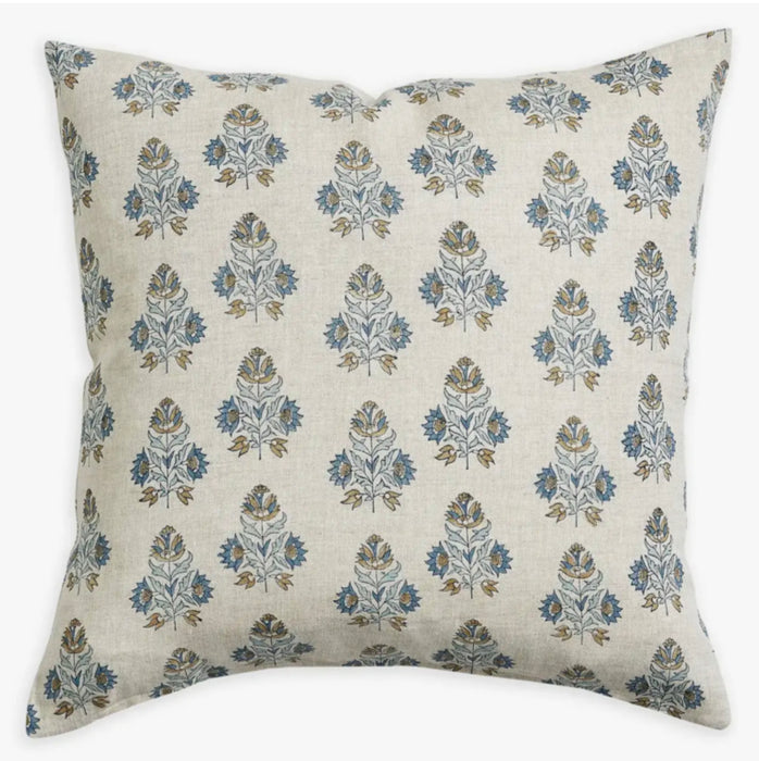 Ankara Fresh Azure linen pillow. Natural linen block printed in a floral motif with shades of azure blue, ochre and light blue. 22" square, 100% linen cover, printed on both sides with a down insert. From Walter G., a boutique textile house in Australia.