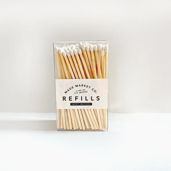 Clear box of white matches. Refills for Terrain match cloche. 100 white 3.5" long matches with a striker sticker. 
