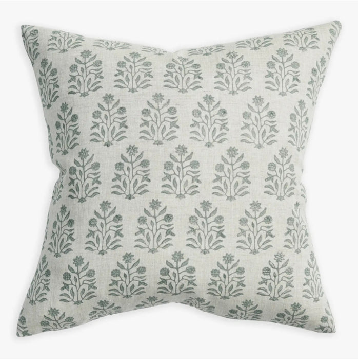 Amer Celadon linen pillow from Walter G.  Natural linen block printed by hand in a floral motif using shades of Celadon green. 20" square linen cover, printed on both sides, down insert included.
