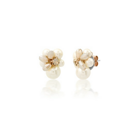 Gracie Pearl cluster earrings. Delicate stud earrings with a cluster of white pearls and smoke faceted crystals on a brass post. Dimenisions 5/8" x 1/2".