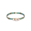 Bejeweled Tila bracelet in Mediterranean. Made of glass tiles in shades of turquoise  and gold embellished with three clear crystal cut CZ stones. Stretch bracelet, fits close to the wrist.