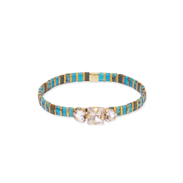 Bejeweled Tila bracelet in Mediterranean. Made of glass tiles in shades of turquoise  and gold embellished with three clear crystal cut CZ stones. Stretch bracelet, fits close to the wrist.