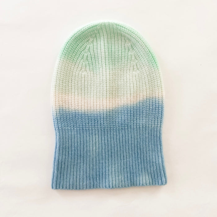 BEach Happy dip dyed cashmere beanie. 100% cashmere in a rib stitch hand dyed in a soft sea green, white and surf blue combination.