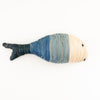 Blue fish ornament hand woven in blocks of natural, light blue, medium blue and dark blue raffia. Hand crafted by skilled artisans in Uganda. 
