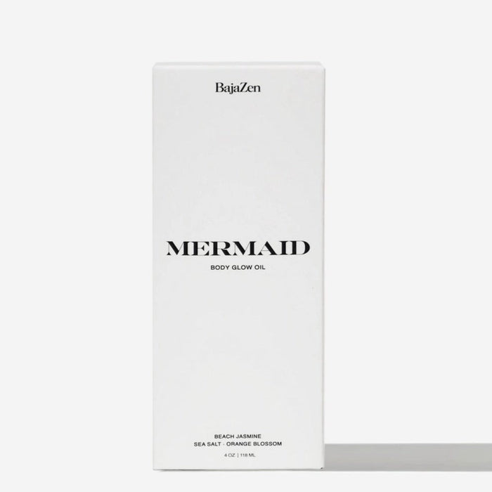 White box containing Mermaid body glow oil by Baja Zen. Nurtient rich oil to restore dry skin. Contains 4 oz./118 ML.