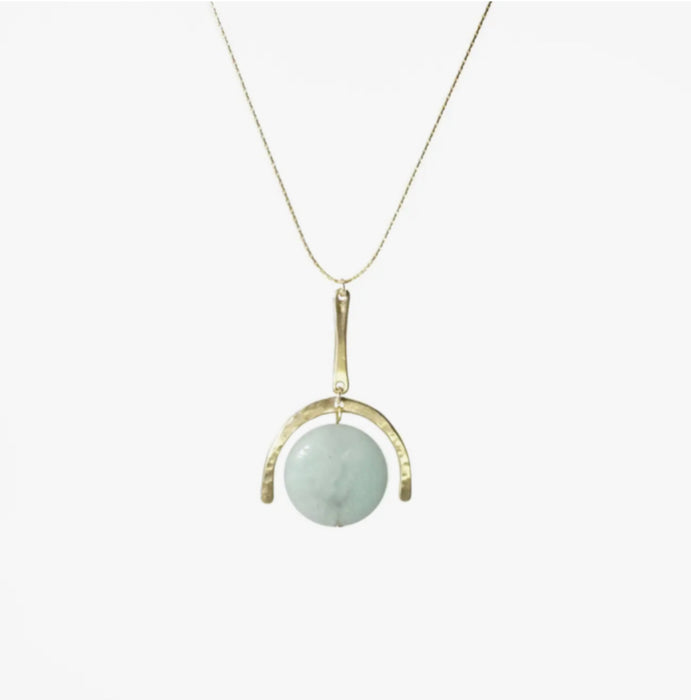 Positano Necklace. 14k gold filled chain with a hand cast brass arc pendant and pale aqua Amazonite gemstone disc. 20" length. 