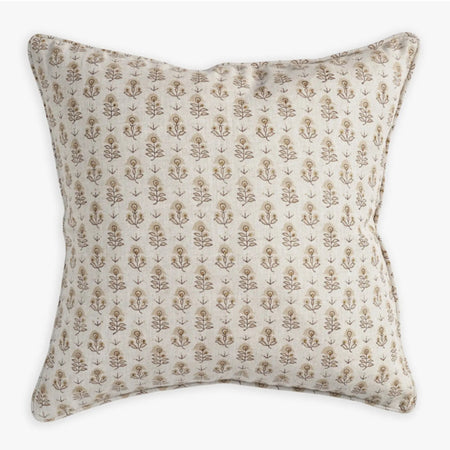 Kutch Shell pillow by Walter G. Natural linen block printed in a delicate floral motif in shades of blush, marigold and sepia. 20" square pillow, piped edges, 100% linen, printed on both sides with down insert.