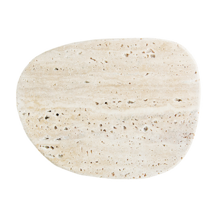 Travertine cutting board in a warm sand color. Round organic shape. Measures 12" x 9". Hand wash only.