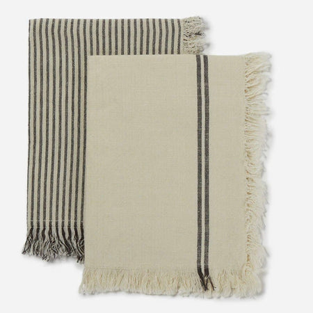 Bistro Stripe kitchen towels. Set of two, one is ecru with a black double stripe border, the other is a classic natural and black French ticking stripe. 100% cotton, frayed edges. Measures 28" x 18".