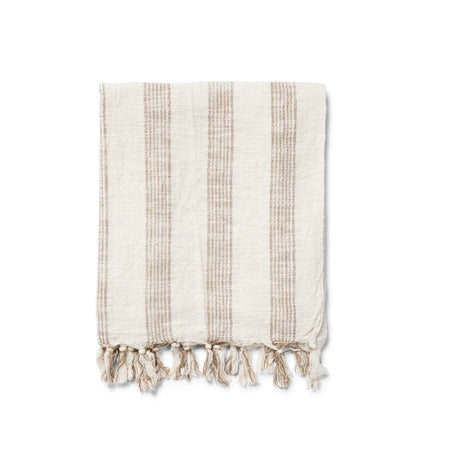Byron Bay towel. Hand loomed from natural, raw Turkish cotton. Unbleached cotton with soft neutral stripes. Each end finished with a hand knotted tassel. 76" x 40".