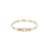 Bejeweled Tila bracelet in "shell". Made of glass tiles in a mix of white, soft neutrals and gold. Embellished with three clear crystal cut CZ stones. Stretch bracelet, fits close to the wrist.