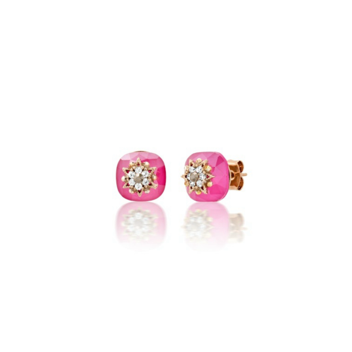 Caroline Gemstone Earrings in Fuschia. A bezel cut fuschia stone embellished with a  gold filagree star centered with mini CZ crystals in the shape of a blossom. Dimensions 3/8" diameter. Stud earring with brass post.