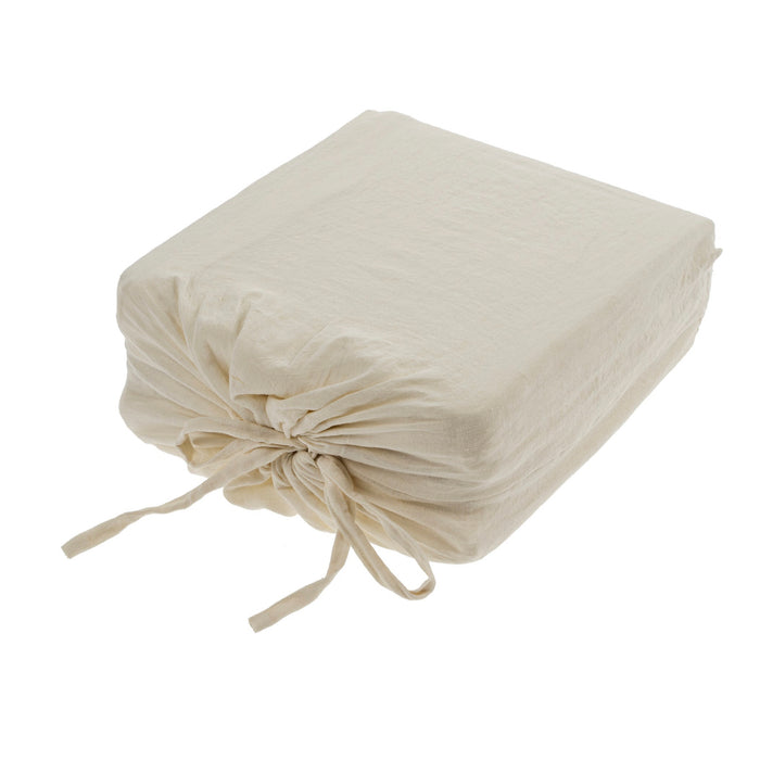 Ivory linen drawstring pouch holding set of 2 pillow shams and matching duvet. 100% linen, ivory color. Queen and King size available.