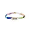 Bejeweled Tila bracelet in rainbow. Made of glass tiles in a range of rainbow tones, embellished with a trio of clear crystal cut CZ stones. Stretch bracelet fits close to the wrist.