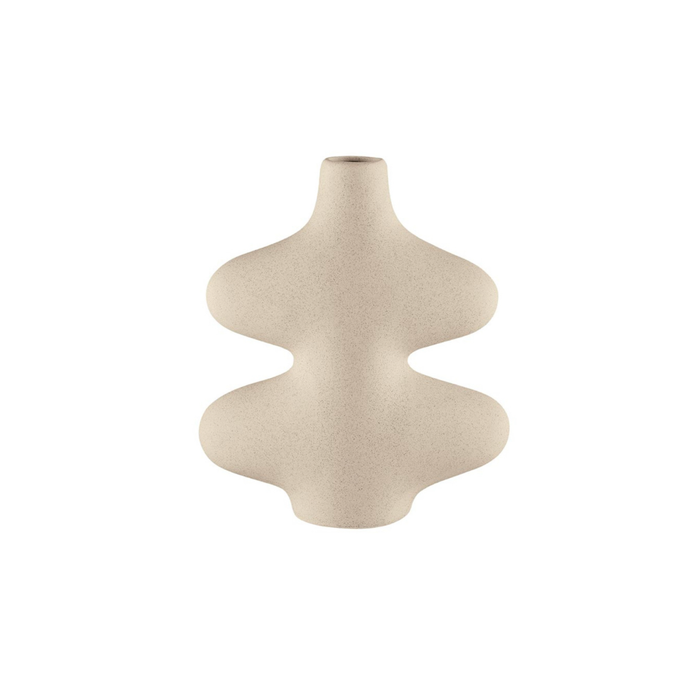 Abba Stoneware Vase. Stoneware vase resembling a squiggly doodle finished in a matte sand glaze. Ideal size for a desk or bedside table. 7" height x 6" width x 2.25" diameter at base.