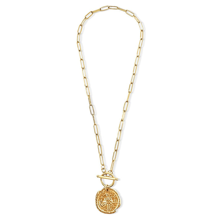 Abeona toggle necklace. A gold chain necklace with a compass charm hanging from the toggle closure. Gold plated on hypoallergenic stainless steel. Water, sweat and tarnish resistant. 17" length, pendant 2.6 cm.