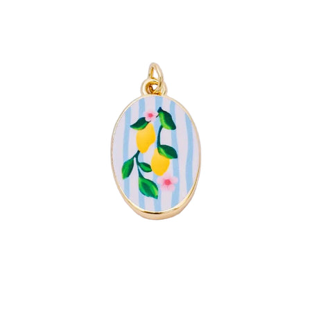 Oval shaped enamel pendant hand painted with blue and white stripes and a sprig of lemons with gold rim and fittings. 