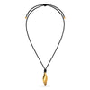 Gold spiral shell pendant on an adjustable black wax cord with gold ball tips. 29 inch length, pendant measures 1.75 inches. Made of hypoallergenic marine grade stainless steel with 14Kgold plating on a cotton wax cord. Water, sweat and tarnish resistant.
