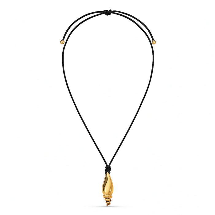 Gold spiral shell pendant on an adjustable black wax cord with gold ball tips. 29 inch length, pendant measures 1.75 inches. Made of hypoallergenic marine grade stainless steel with 14Kgold plating on a cotton wax cord. Water, sweat and tarnish resistant.