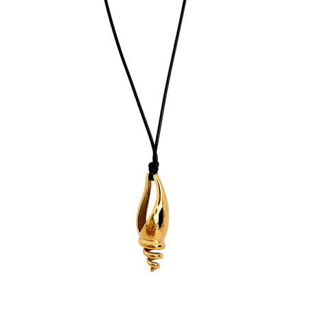 Gold spiral shell pendant on a black wax cord. Waterproof jewelry by Ellie Vail. 