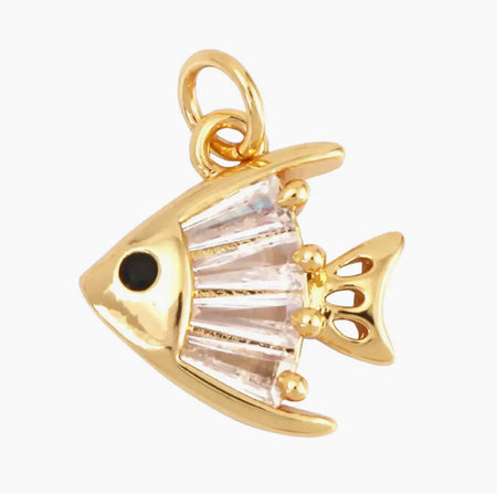 Delicate gold Angel Fish charm with clear CX stones and a jett black stone eye. .375 inch width.