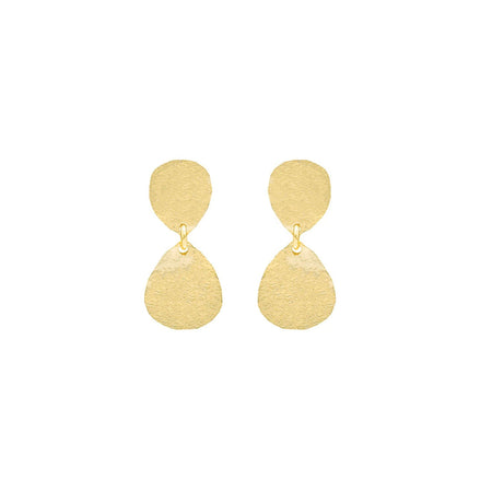 A pair of small gold drop earrings with a hammered matte gold finish, featuring a small circular stud connected to a larger teardrop-shaped drop on a white background. 18k gold plated over brass.