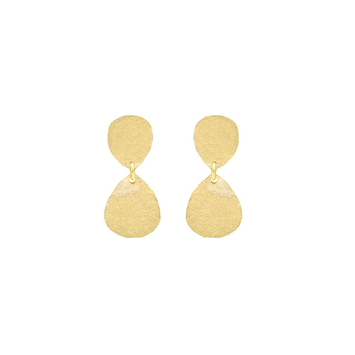 A pair of small gold drop earrings with a hammered matte gold finish, featuring a small circular stud connected to a larger teardrop-shaped drop on a white background. 18k gold plated over brass.